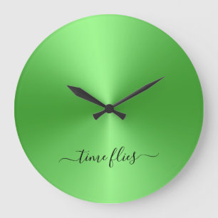 Time Flies Neon Green Metallic Style Acrylic Große Wanduhr