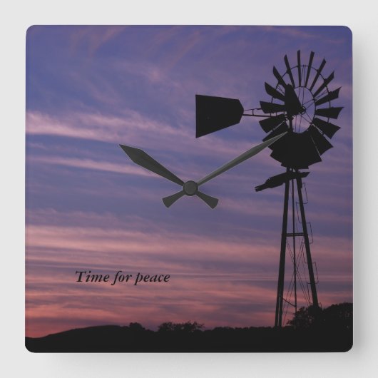 Time For Peace Wall Clock with Windmill in Sunset Quadratische Wanduhr (Vorderseite)