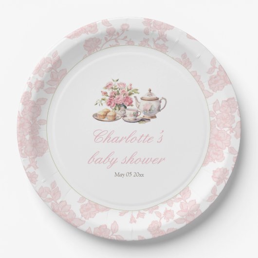 Time for Tea Elegant Pink Floral Toile Pappteller (Vorderseite)