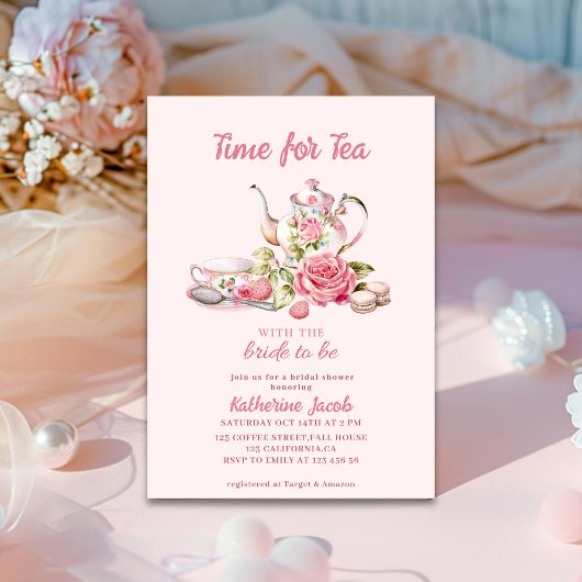 Time for Tea Pink Floral Tea Party Bridal Shower Einladung