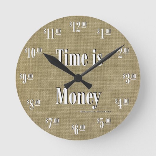 Time is Money Clock - White text on taupe texture Runde Wanduhr (Vorderseite)