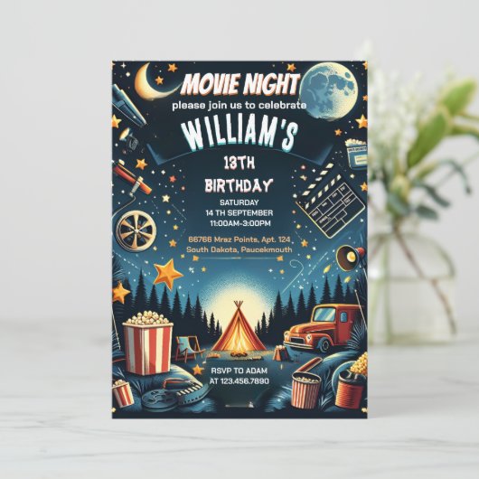 Time Junge Camping Popcorn Filmabend 13. Geburtsta Einladung (Stehend Vorderseite)