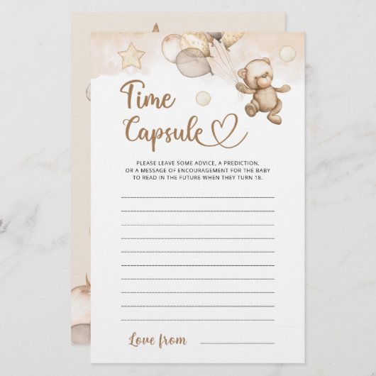 Time Kapsel Baby Bear Baby Shower Game (Vorne/Hinten)