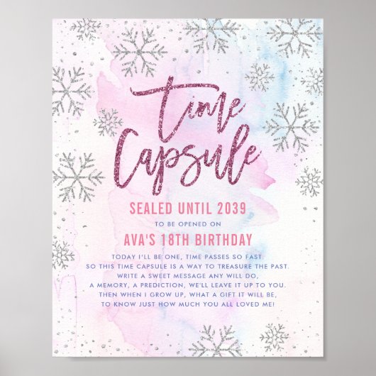 Time Kapsel Silver Snowflake Glitzer Magenta Poster (Vorne)