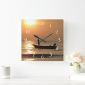 Time to go Fishing Clock Sunset Boat Photo Quadratische Wanduhr (Zuhause)