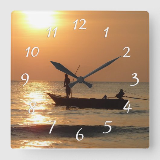 Time to go Fishing Clock Sunset Boat Photo Quadratische Wanduhr (Vorderseite)