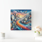 Time Warp Road Trip Quadratische Wanduhr (Zuhause)