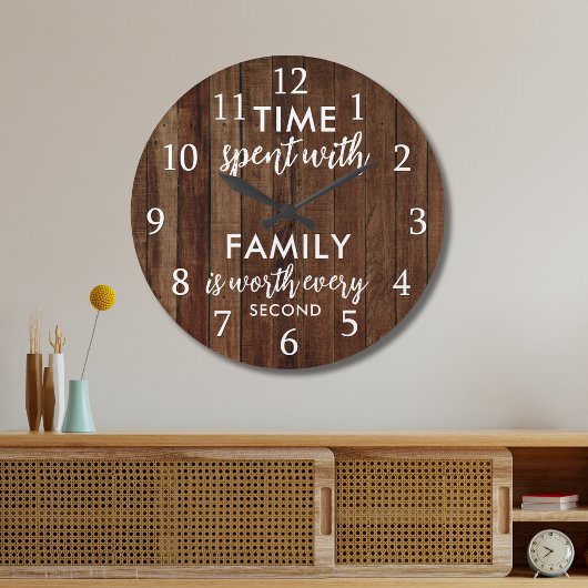 Time With Family Quote Typography Rustic Dark Wood Große Wanduhr