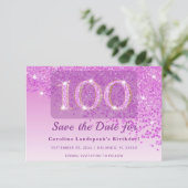 Timeless 100th Birthday Pink Glitter Frosted  Save The Date (Stehend Vorderseite)