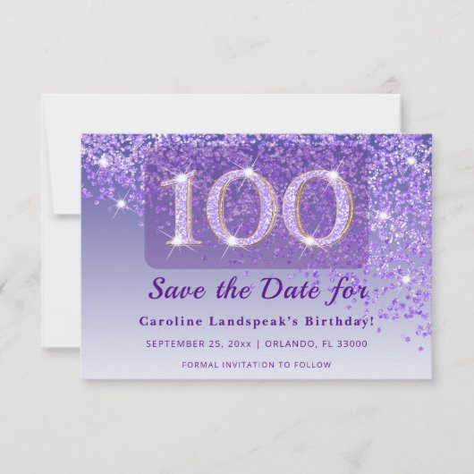 Timeless 100th Birthday Purple Glitter Frosted Save The Date (Vorderseite)