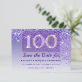 Timeless 100th Birthday Purple Glitter Frosted Save The Date (Stehend Vorderseite)