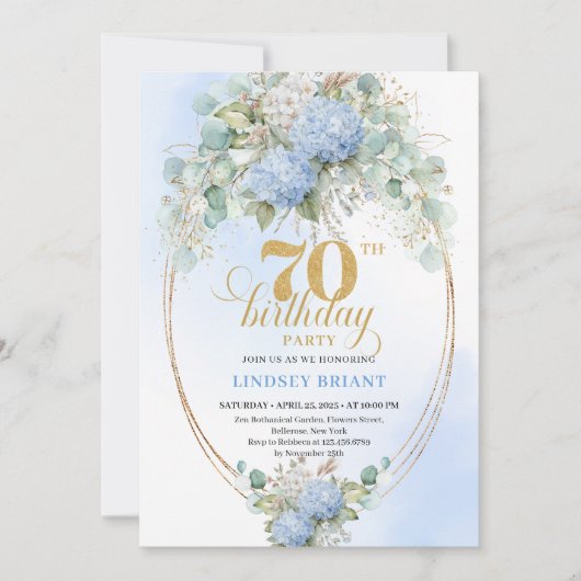 Timeless 70th Birthday Blue Hydrangea Gold Invite Einladung (Vorderseite)
