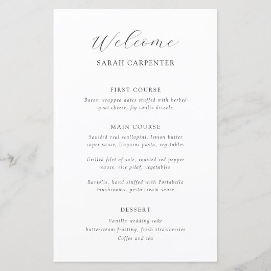 Timeless Black and White Guest Name Wedding Menu (Vorderseite)