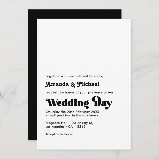 Timeless Black and White Retro Typografy Wedding Einladung (Vorne/Hinten)