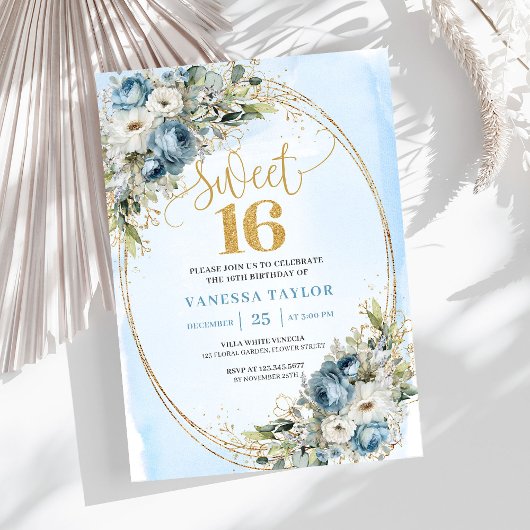 Timeless Blue and White Floral Sweet Sixteen Einladung