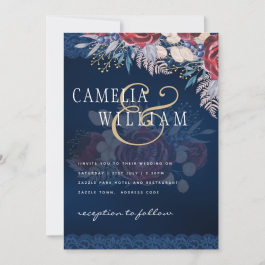 Timeless Blue Burgundy Floral Lace Wedding Einladung (Vorderseite)