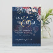 Timeless Blue Burgundy Floral Lace Wedding Einladung (Stehend Vorderseite)