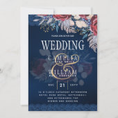 Timeless Blue Burgundy Floral Lace Wedding Einladung (Vorderseite)