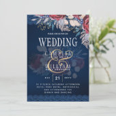 Timeless Blue Burgundy Floral Lace Wedding Einladung (Stehend Vorderseite)