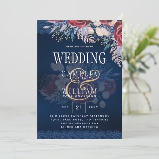 Timeless Blue Burgundy Floral Lace Wedding Einladung (Stehend Vorderseite)