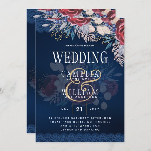 Timeless Blue Burgundy Floral Lace Wedding Einladung (Vorne/Hinten)