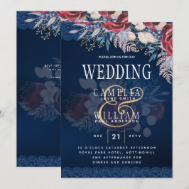 Timeless Blue Burgundy Floral Lace Wedding Einladung