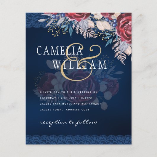 Timeless Blue Burgundy Floral Lace Wedding Flyer (Vorne)