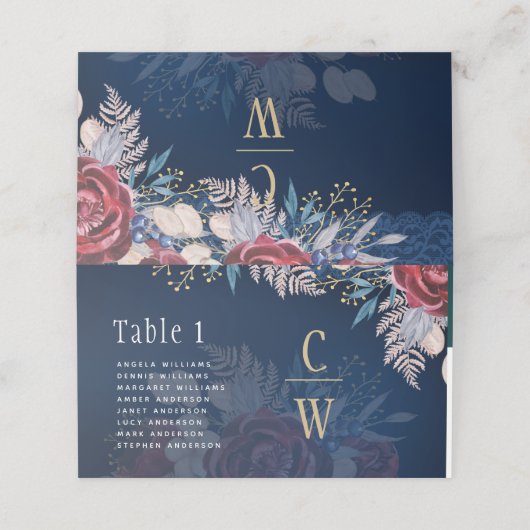 Timeless Blue Burgundy Floral Lace Wedding Platzkarte (Außenseite Aufgefaltet)