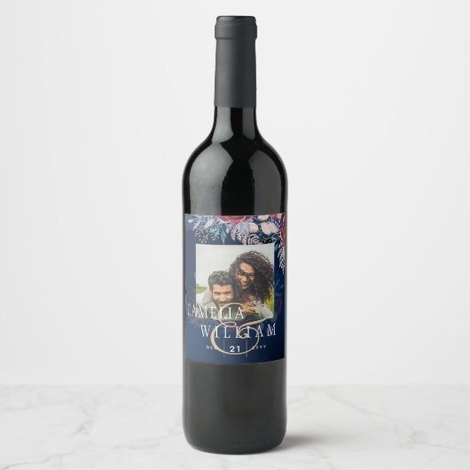 Timeless Blue Burgundy Floral Lace Wedding Weinetikett (Vorderseite)