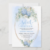 Timeless Blue Floral Gold Sweet 16 Birthday Invite Einladung (Vorderseite)