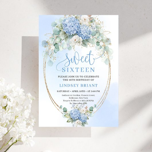Timeless Blue Floral Gold Sweet 16 Birthday Invite Einladung