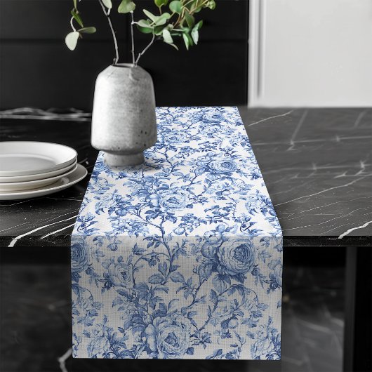 Timeless Blue French Toile Roses Floral Table Runn Großer Tischläufer