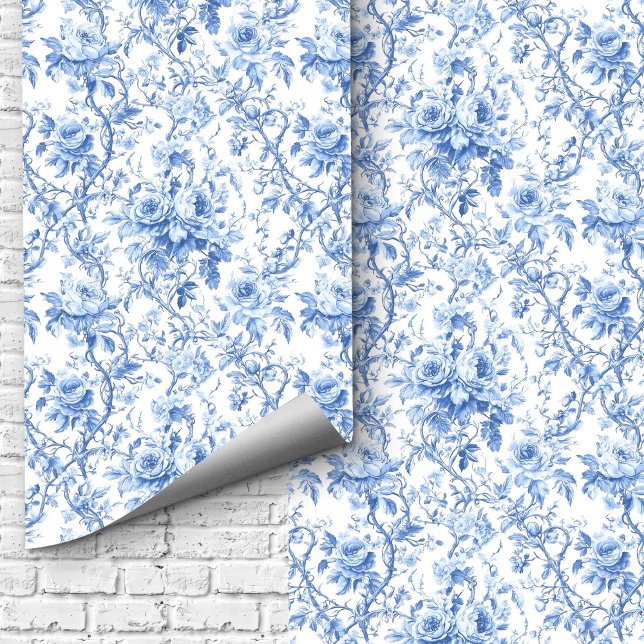 Timeless Blue French Toile Roses Floral Wallpaper  Tapete (Timeless Blue French Toile Roses Floral Wallpaper Design)