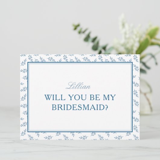Timeless Blue Garden Elegante Bridesmaid Vorschlag Karte (Stehend Vorderseite)