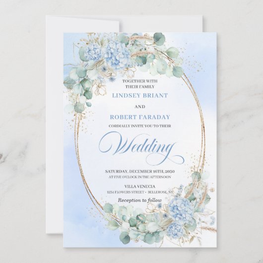 Timeless Blue Hydrangea Eucalyptus Wedding Invite Einladung (Vorderseite)