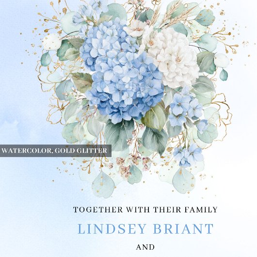 Timeless Blue Hydrangea Gold Floral Wedding Invite Einladung
