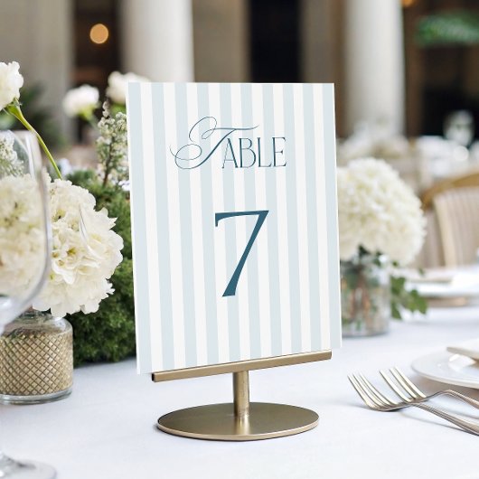 Timeless Blue Stripes Wedding Table Number 7 Sign Einladung
