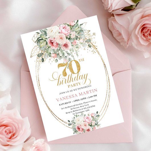 Timeless Blush and Gold 70th Birthday Invitation Einladung