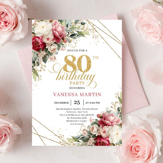 Timeless Blush Burgundy Greenery 80th Invite Einladung