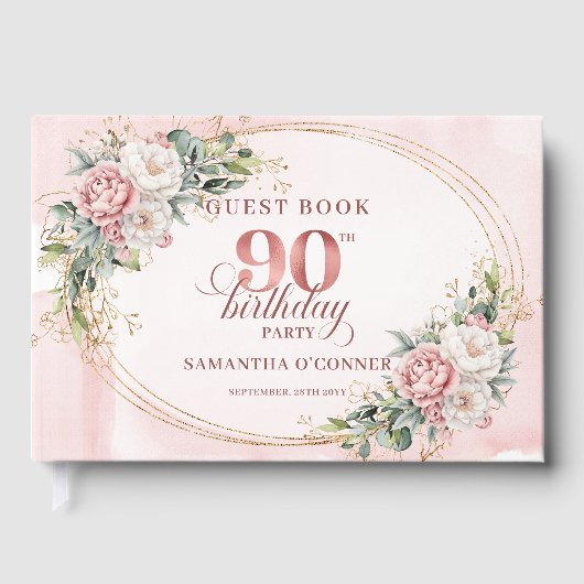 Timeless Blush Gold Floral Eucalyptus 90 Birthday Gästebuch (Vorderseite)
