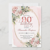 Timeless Blush Pink Gold Greenery 90th Birthday Einladung (Vorderseite)