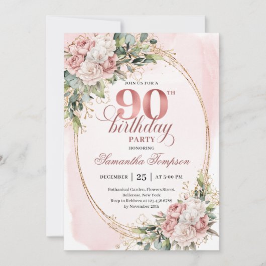 Timeless Blush Pink Gold Greenery 90th Birthday Einladung (Vorderseite)