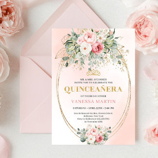 Timeless Blush Roses Eucalyptus Quinceañera Invite Einladung