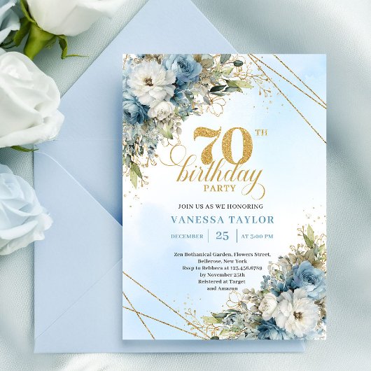 Timeless bohemian blue florals gold 70th birthday  einladung