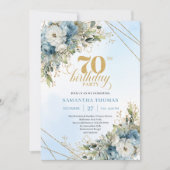 Timeless bohemian blue florals gold 70th birthday  einladung (Vorderseite)