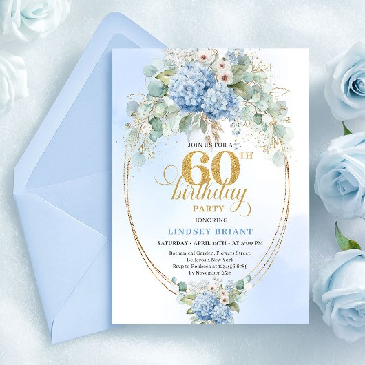 Timeless Bohemian Light Blue Floral 60th Birthday Einladung