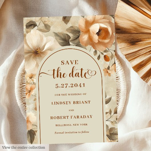 Timeless Boho Copper Beige Floral Save The Date Einladung