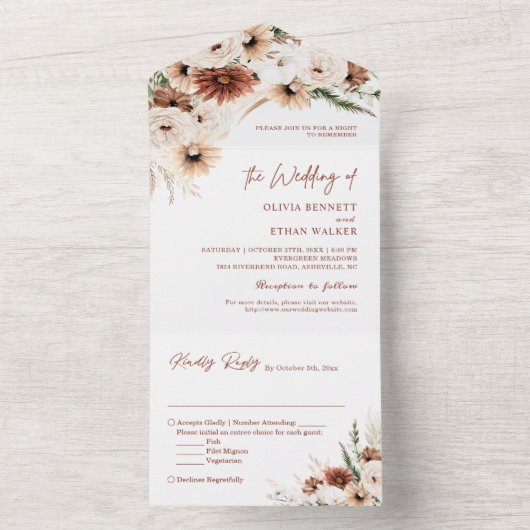 Timeless Boho Earthy Toned Floral Wedding All In One Einladung (Innen Boden)