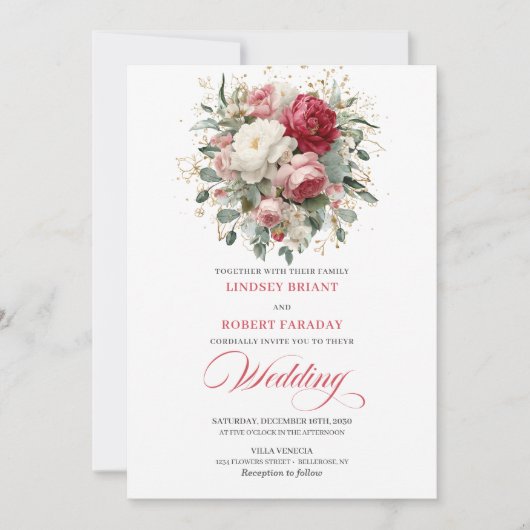 Timeless Boho Red Blush Floral Greenery Invitation Einladung (Vorderseite)