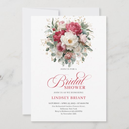 Timeless Boho Ruby Red Blush Gold Bridal Shower Einladung (Vorderseite)